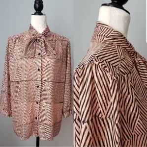 Vintage Pink Brown Pussy Bow Blouse Size Large